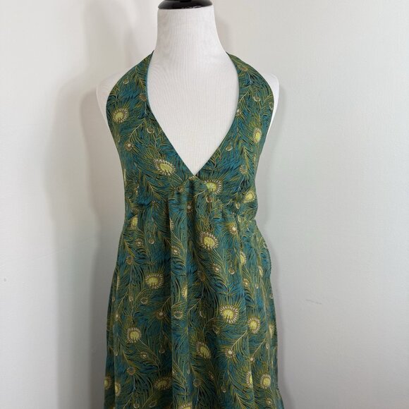 Liberty of London Target Maxi Dress 4 Teal Blue Peacock Print Womens Hi Lo Flowy - Picture 3 of 11